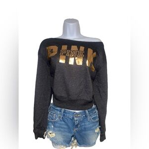 vs pink gray off the shoulder crewneck with rose gold print